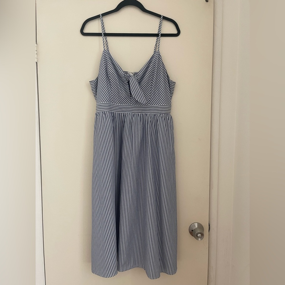 Joyful Days Blue Striped Knotted Front Midi Dress With Pockets